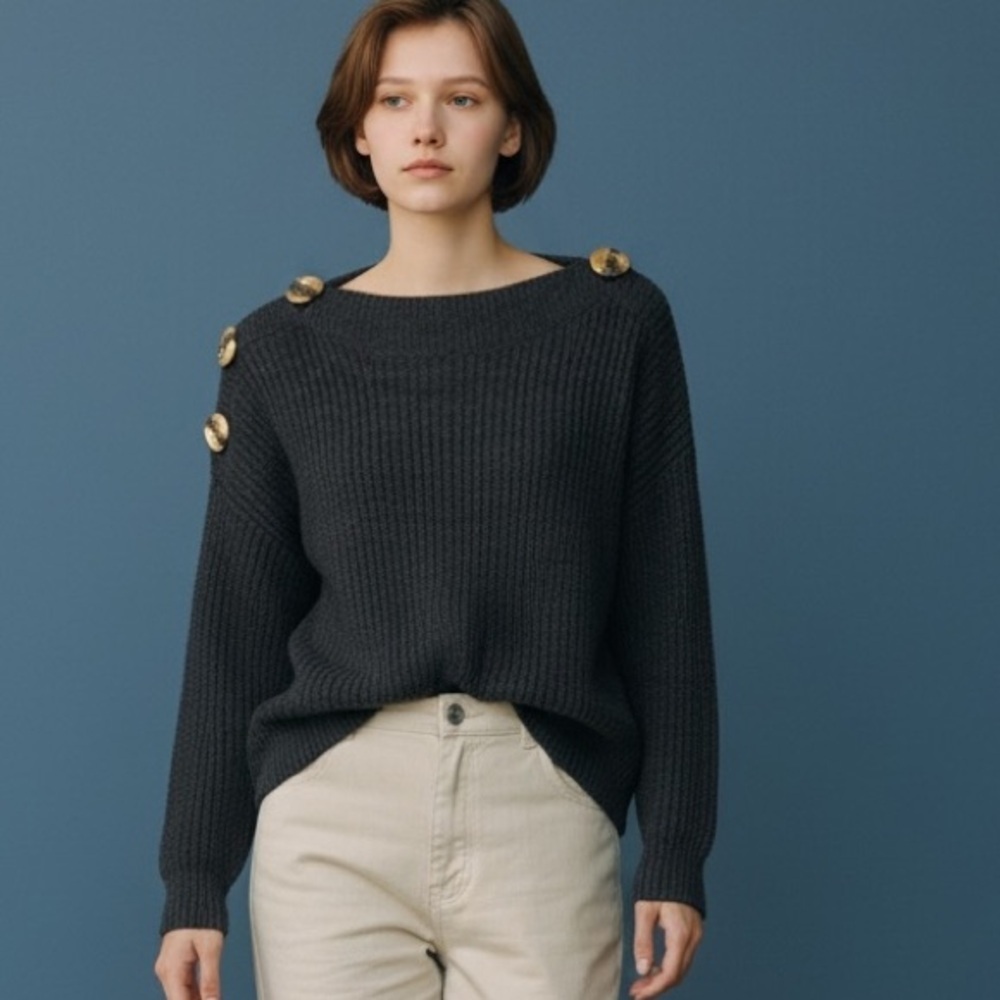 For the Republic ladies black sweater Medium crew neck with large button design